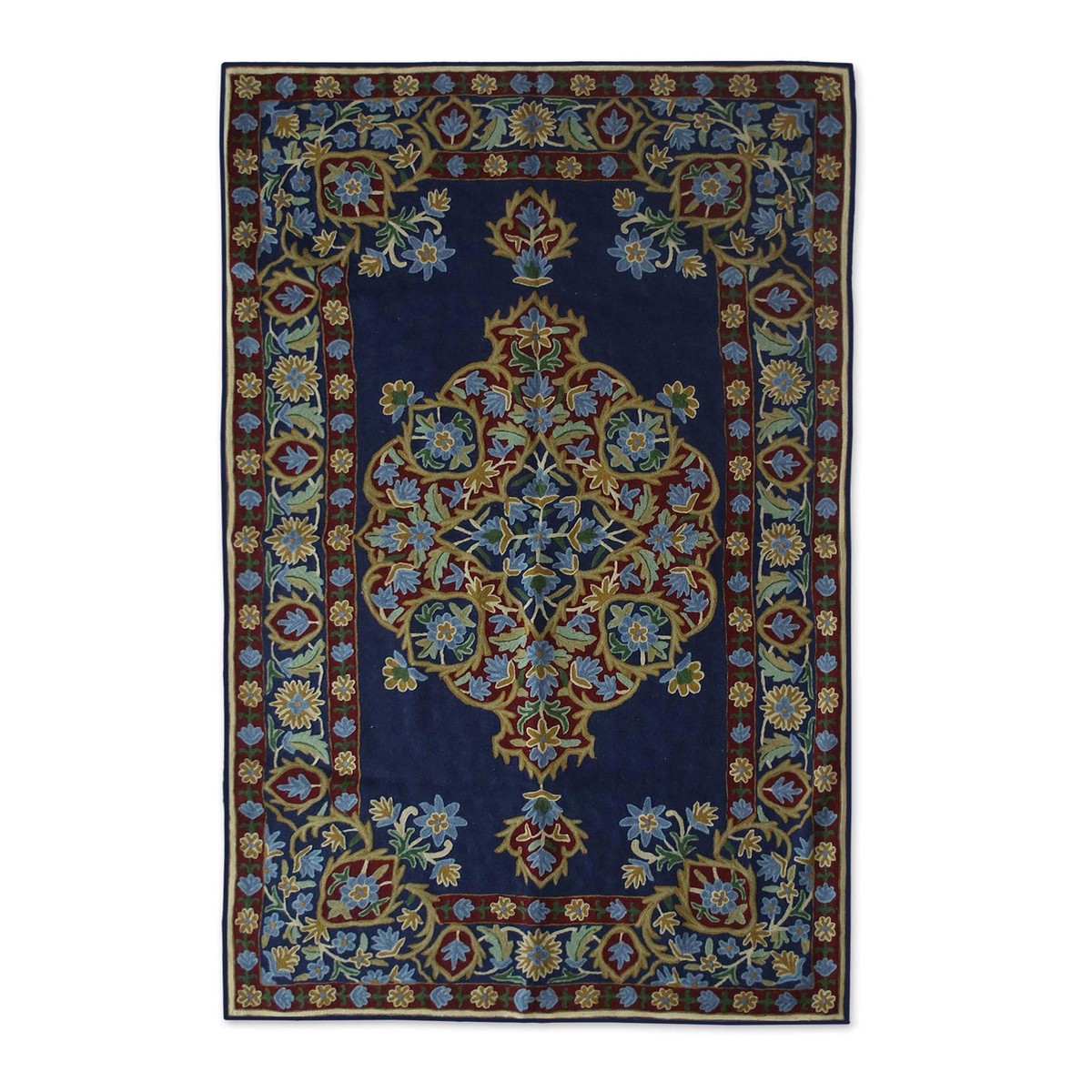 Chain Stitched Indian Rug in Blue, Burgundy and Gold (3x5) - Season of Flowers (member)