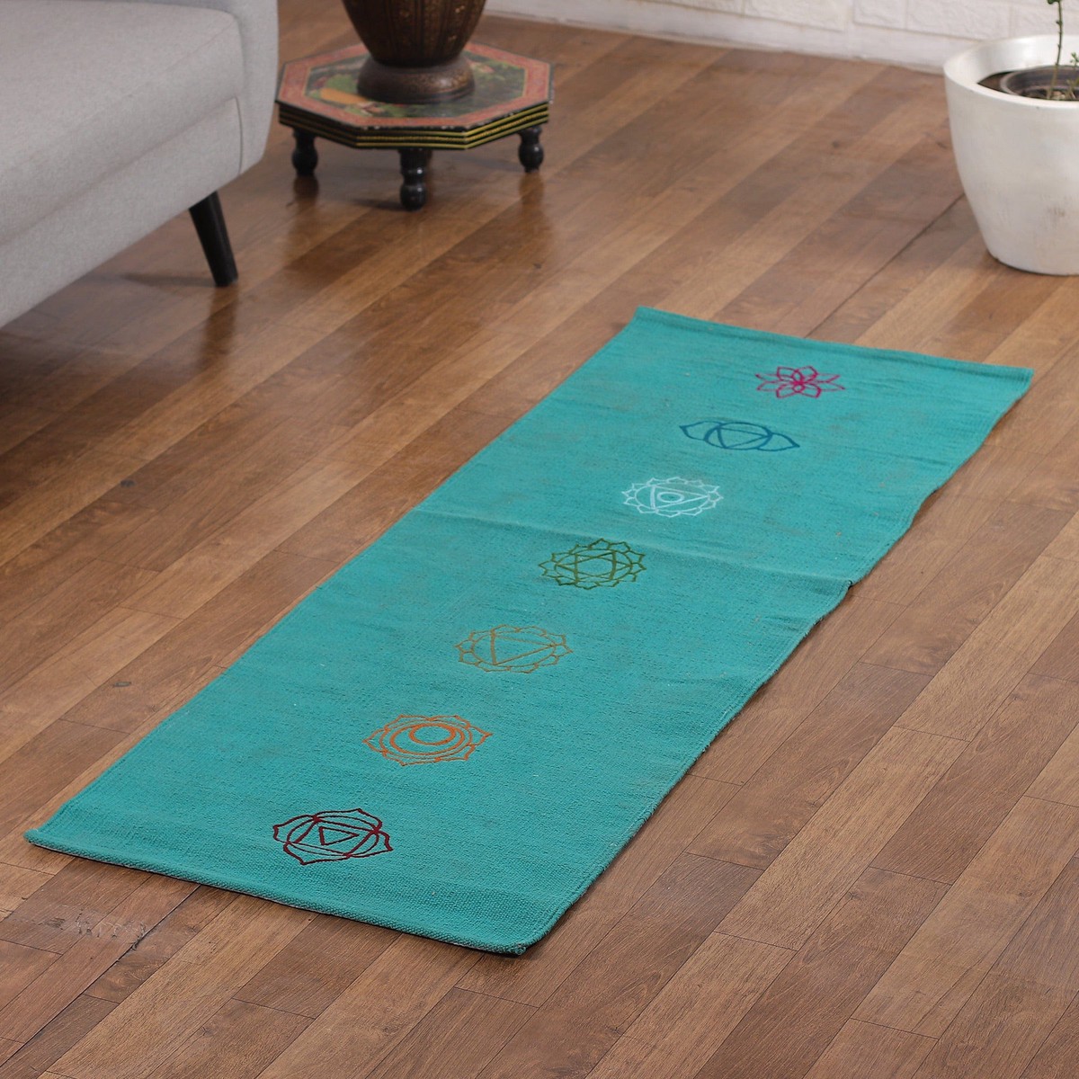 Chakra-Themed Embroidered Cotton Yoga Mat in Turquoise (2x6) - Chakras in Turquoise