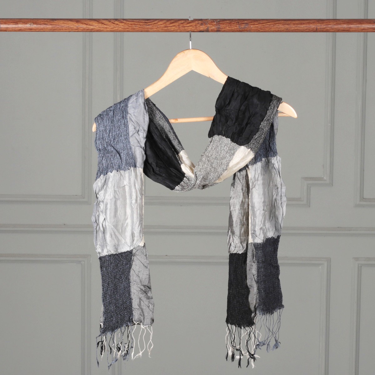 Checkerboard-Themed Ruffled Patchwork Fringed Silk Scarf - Mystique Grey