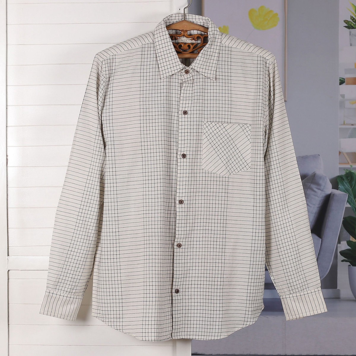 Checkered Pattern White and Black 100% Cotton Shirt for Men - Checkered Seigneur - L
