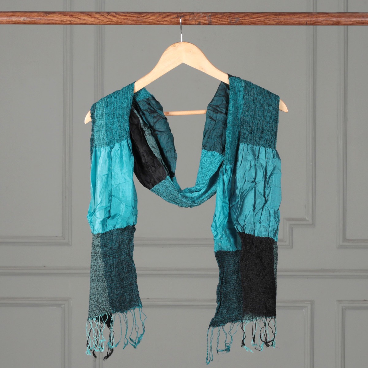 Checkered Ruffled Fringed Woven Silk Scarf in Teal Shades - Mystique Teal
