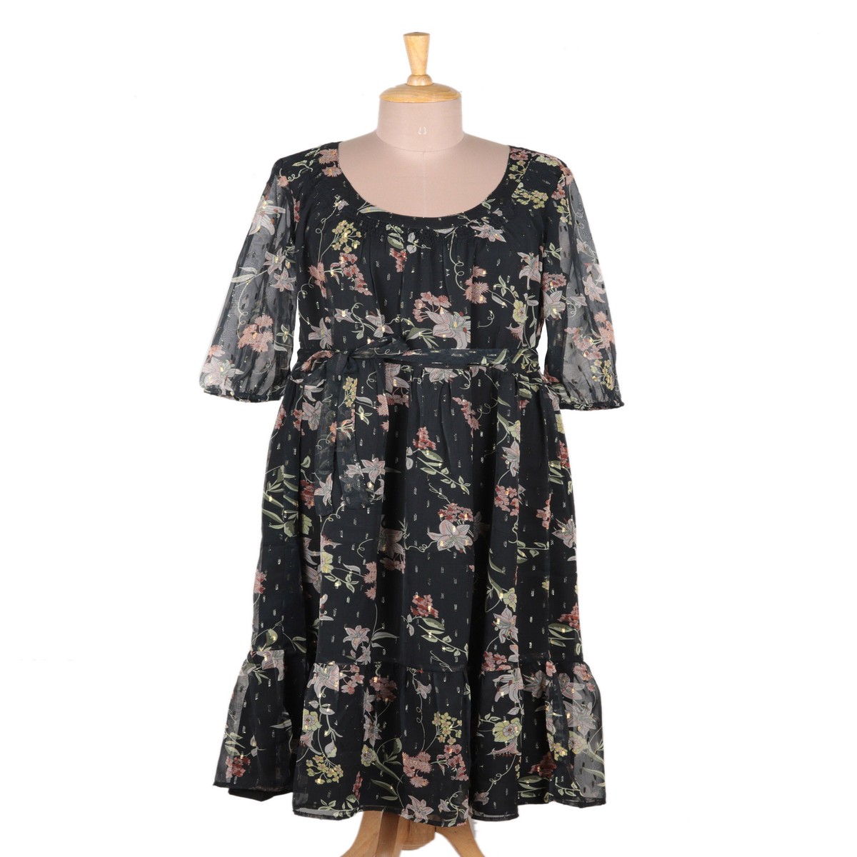 Chiffon Shift Dress with Floral Motif - Romantic Revival in Black - M