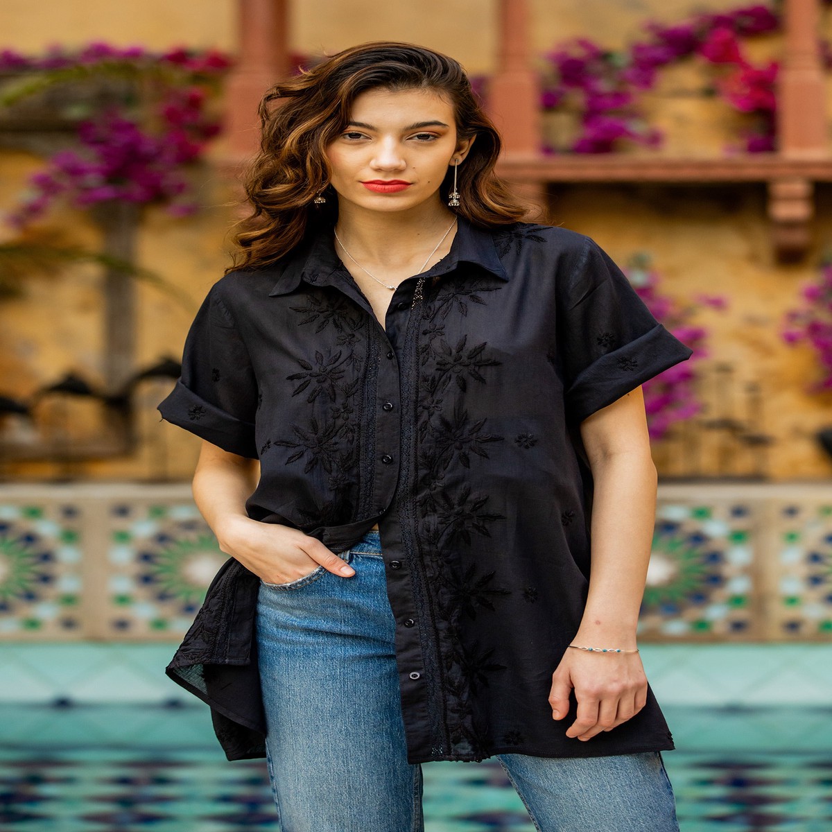 Chikankari-Embroidered Black Cotton Button-Up Blouse - Festive Black - XL