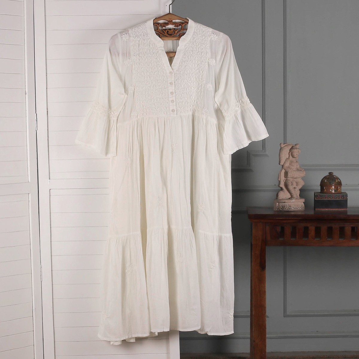 Chikankari Embroidered Floral Alabaster Cotton A-Line Dress - Alabaster - S (member)