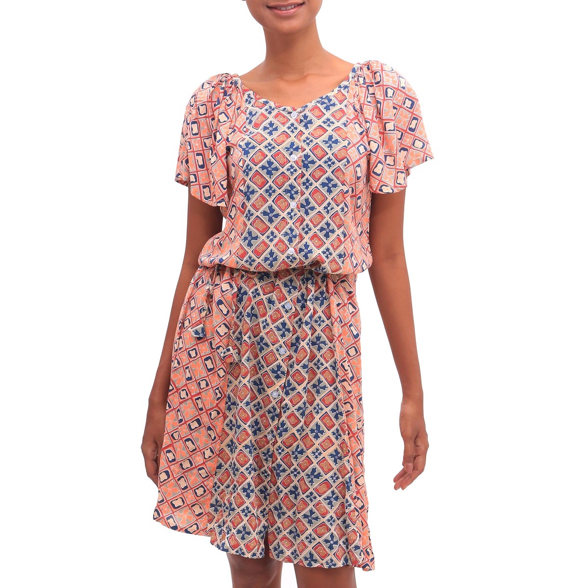 Chili and Azure Printed Rayon A-Line Dress from Bali - Kelud Crisscross - M (member)
