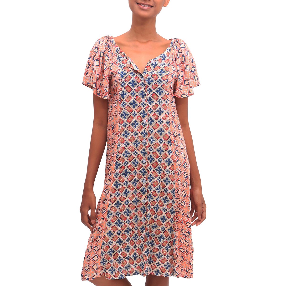 Chili and Azure Printed Rayon A-Line Dress from Bali - Kelud Crisscross - S (member)