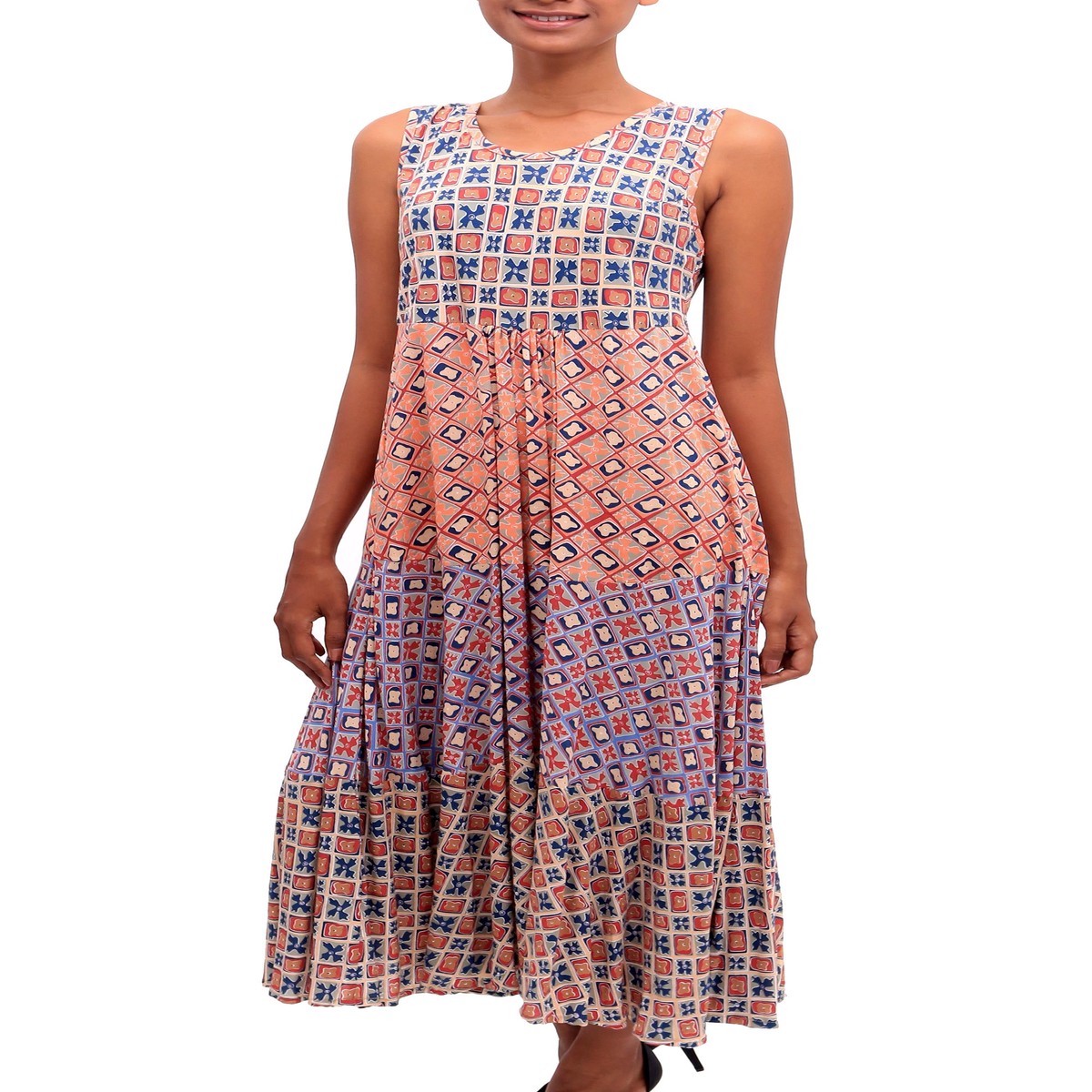Chili and Azure Printed Rayon Midi Sundress from Bali - Kelud Crisscross - M (member)