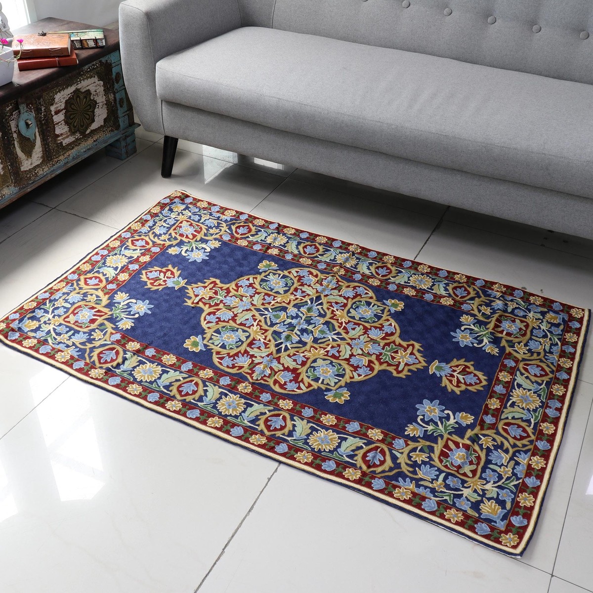 Chain Stitched Indian Rug in Blue, Burgundy and Gold (3x5) - Season of Flowers