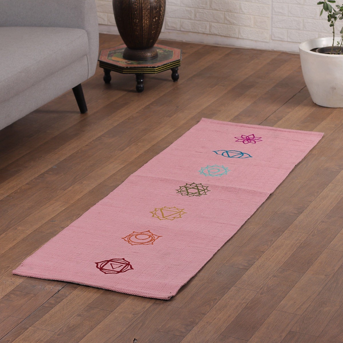 Chakra-Themed Embroidered Cotton Yoga Mat in Pink (2x6) - Chakras in Pink