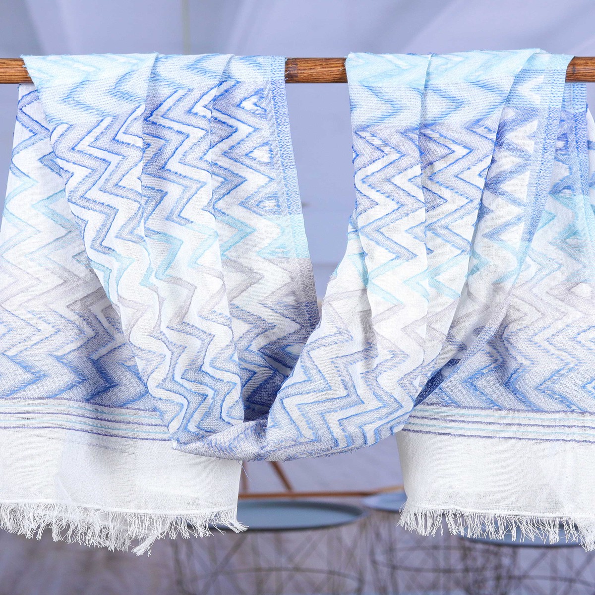 Chevron-Patterned Handwoven Iris and Periwinkle Cotton Shawl - Iris Tide
