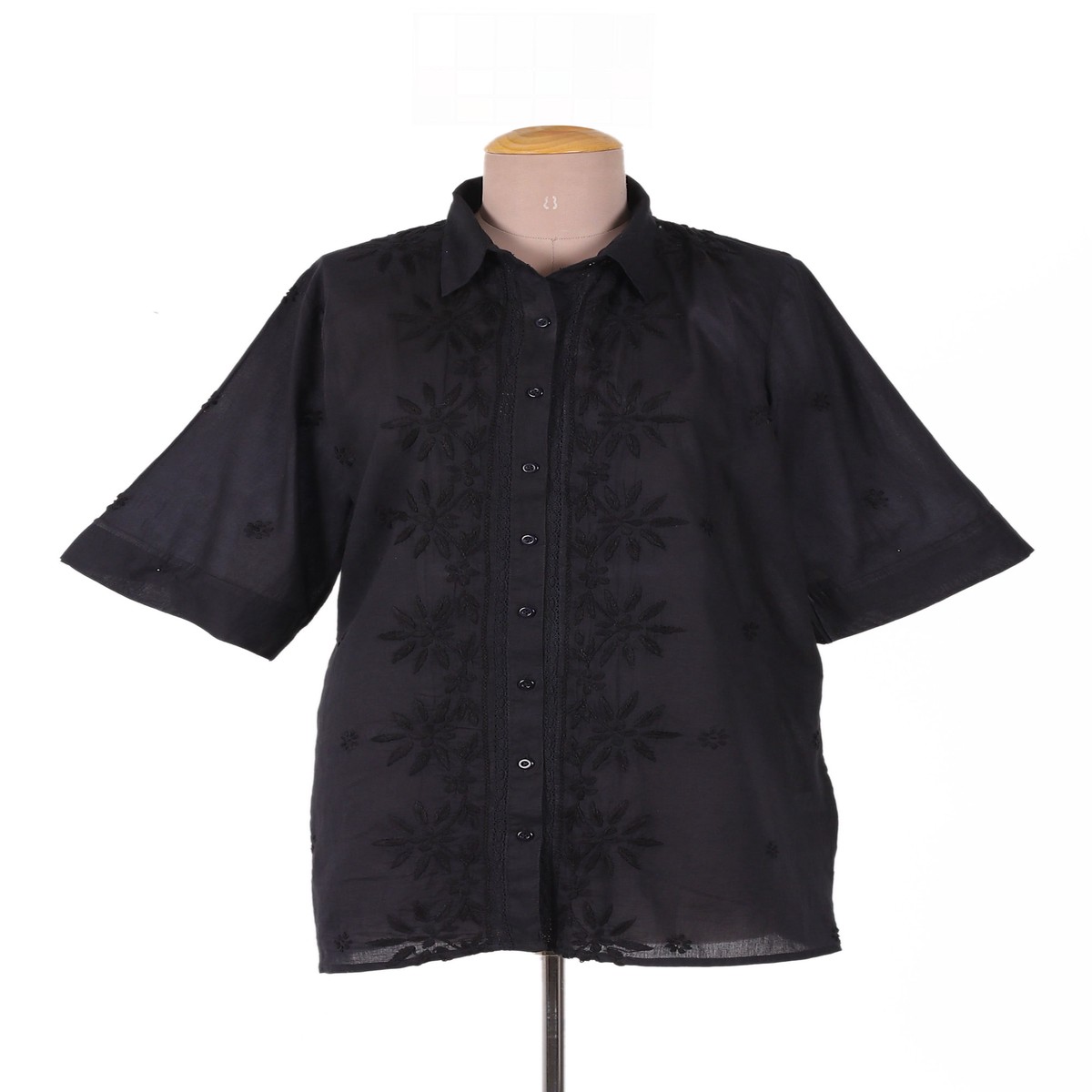 Chikankari-Embroidered Black Cotton Button-Up Blouse - Festive Black - M (member)