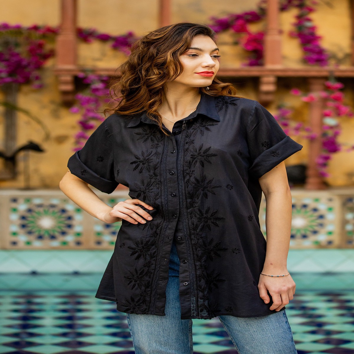 Chikankari-Embroidered Black Cotton Button-Up Blouse - Festive Black - S (member)