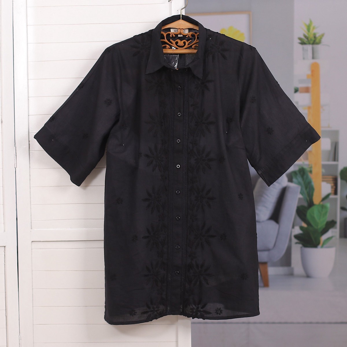 Chikankari-Embroidered Black Cotton Button-Up Blouse - Festive Black - XXL