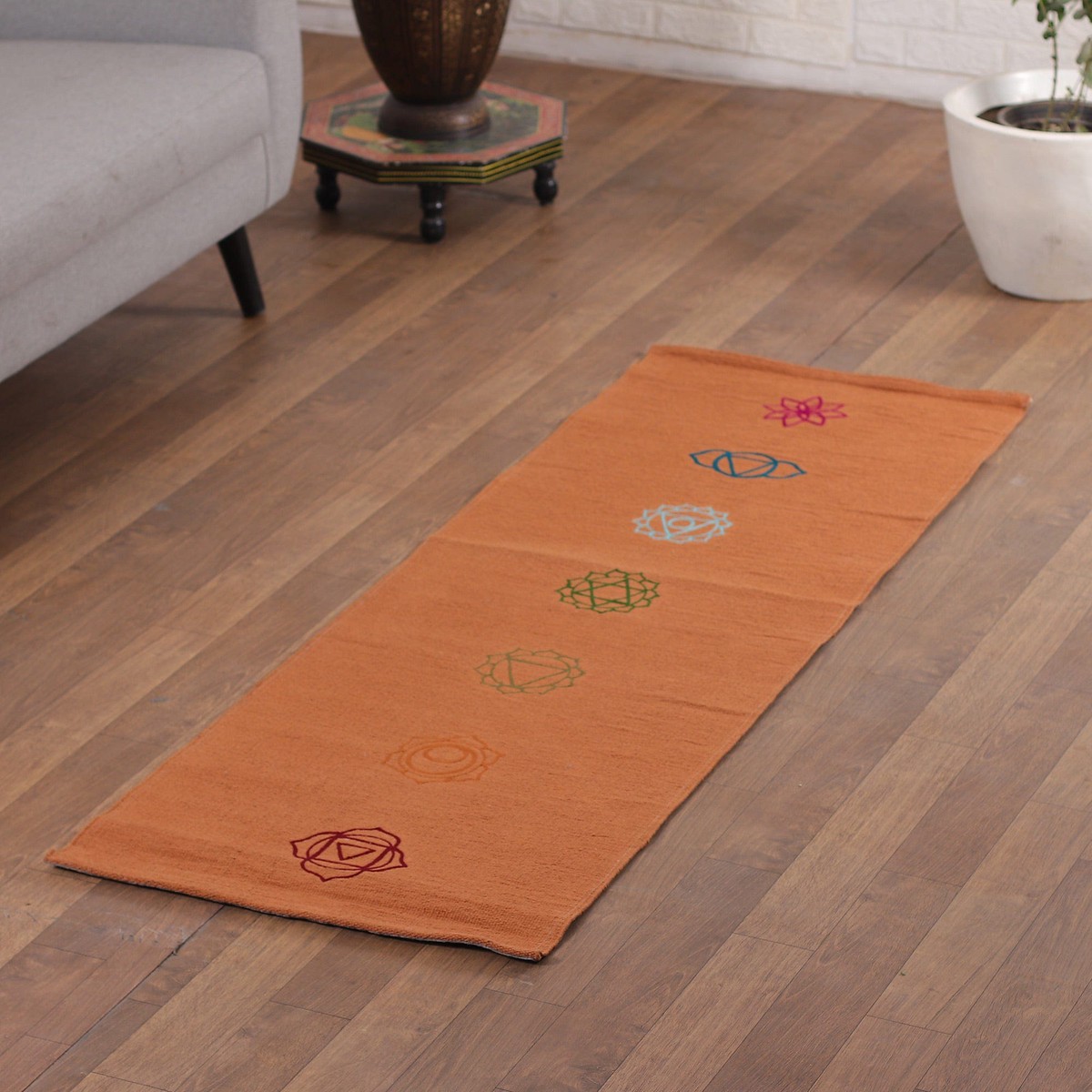 Chakra-Themed Embroidered Cotton Yoga Mat in Orange (2x6) - Chakras in Orange
