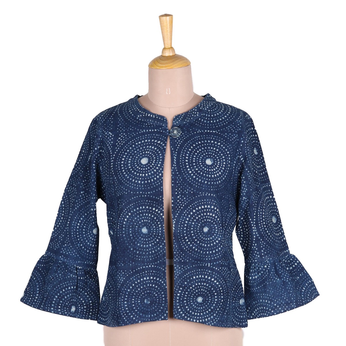 Circle Motif Block-Printed Cotton Jacket from India - Mesmerizing Indigo - M (member)