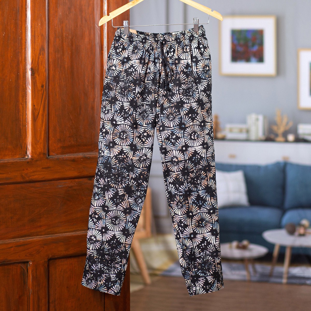 Circular Motif Men's Cotton Lounge Pants from Bali - Dawn Fireworks - XL (member)