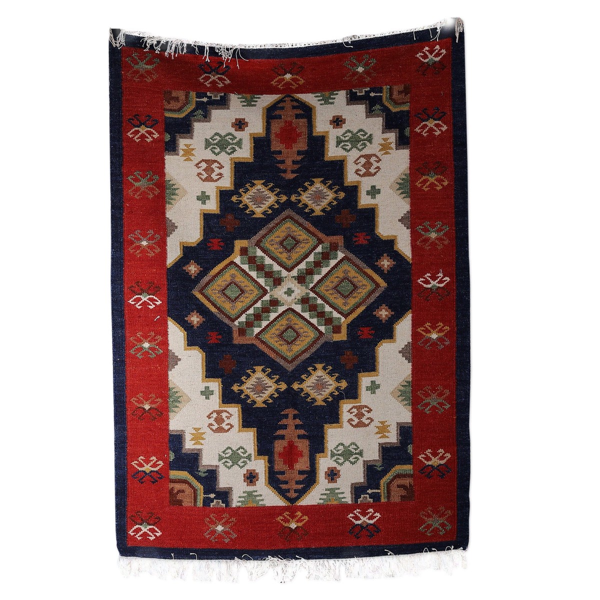 Classic Geometric Strawberry and Navy Wool Area Rug (4x6) - Striking Symmetry - Title (member)