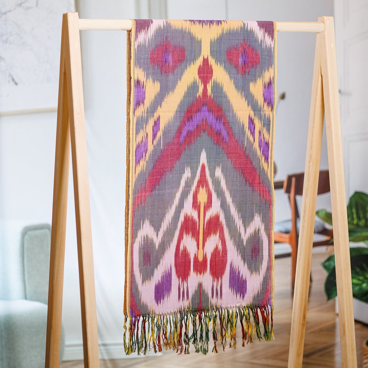 Classic Fringed Cotton Ikat Scarf Handwoven in Uzbekistan - Symphony of Sweetness