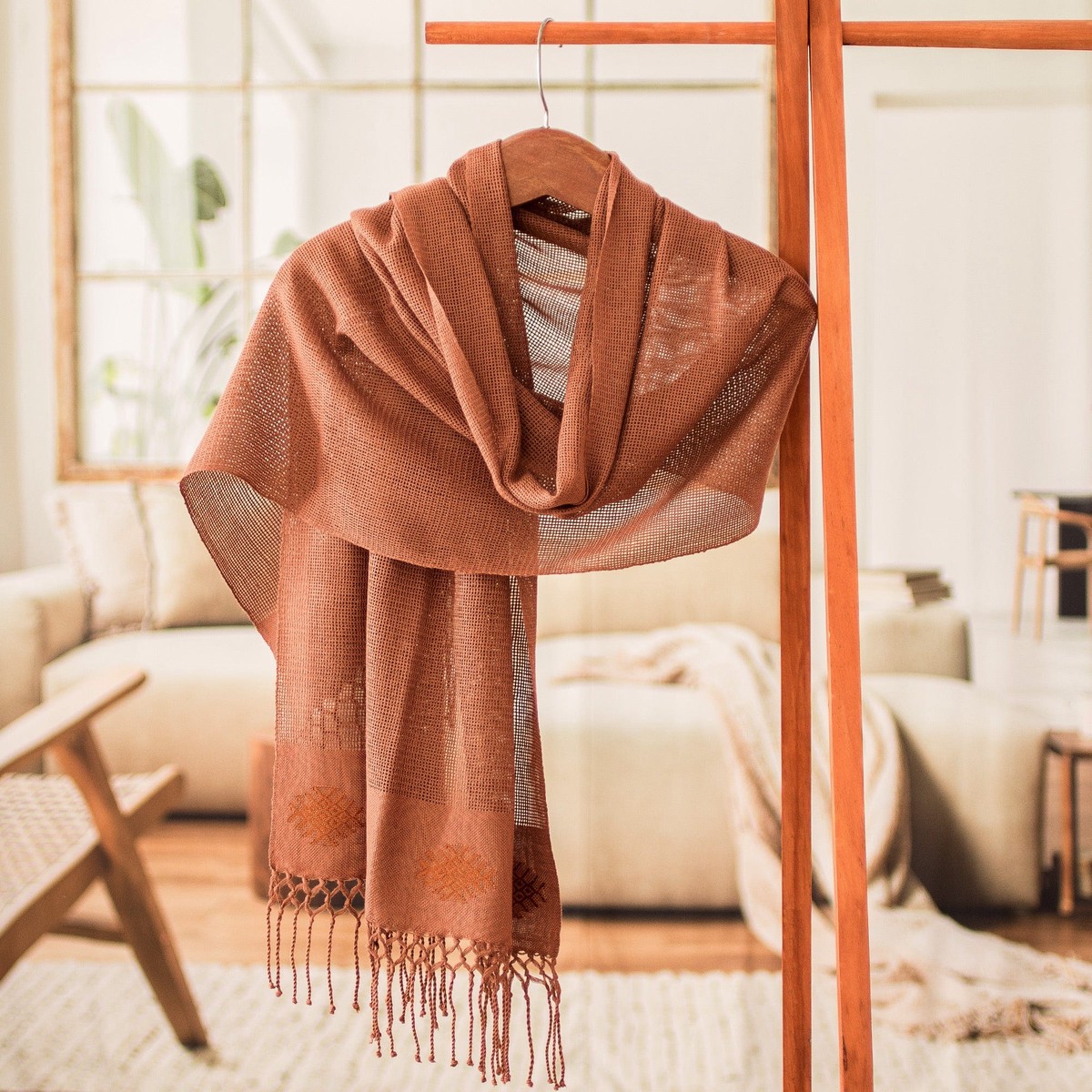 Classic Handloomed Cocoa Fringed Rayon Shawl - Cocoa Caress