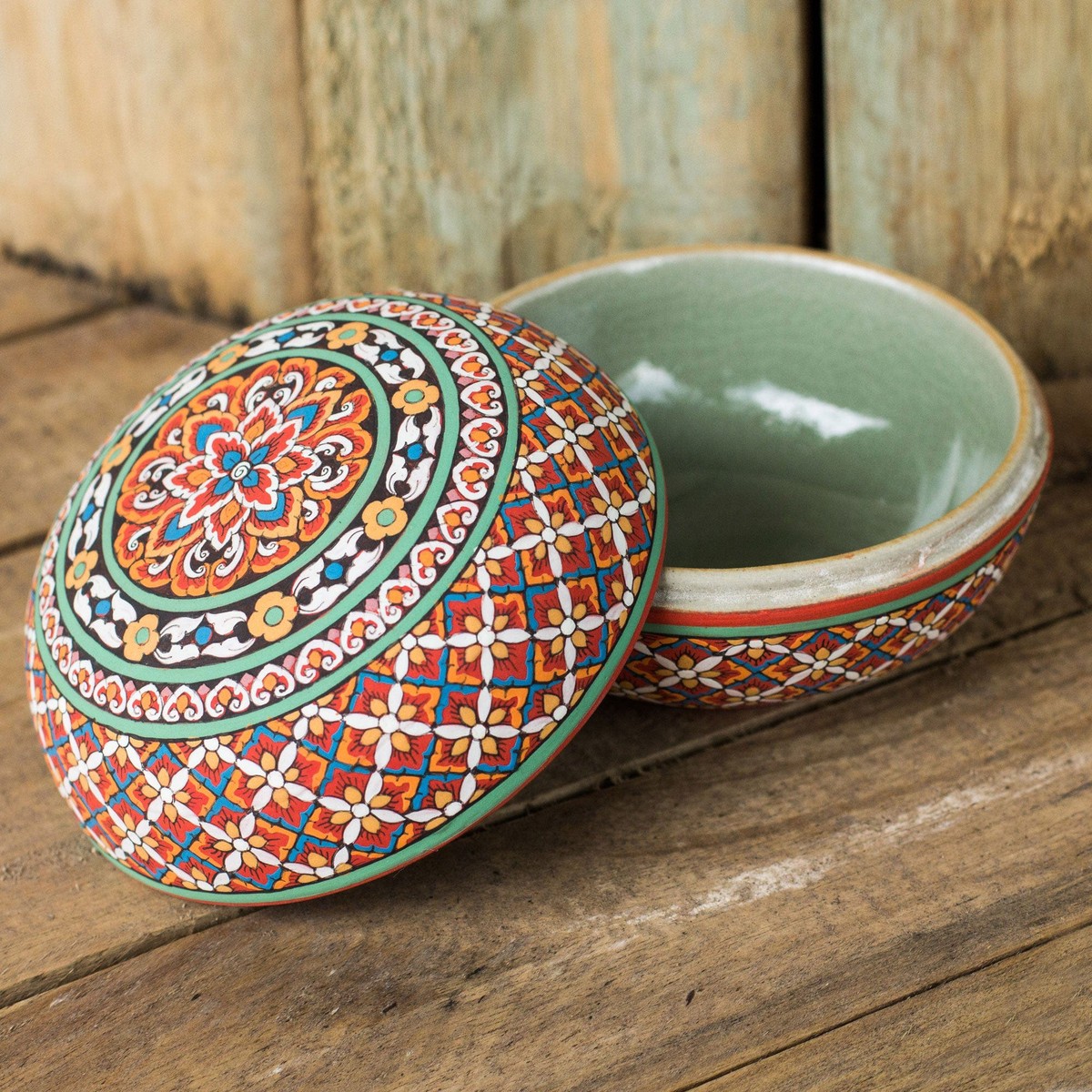 Colorful Artisan Hand-Painted Round Celadon Jewelry Box - Thai Enchantment