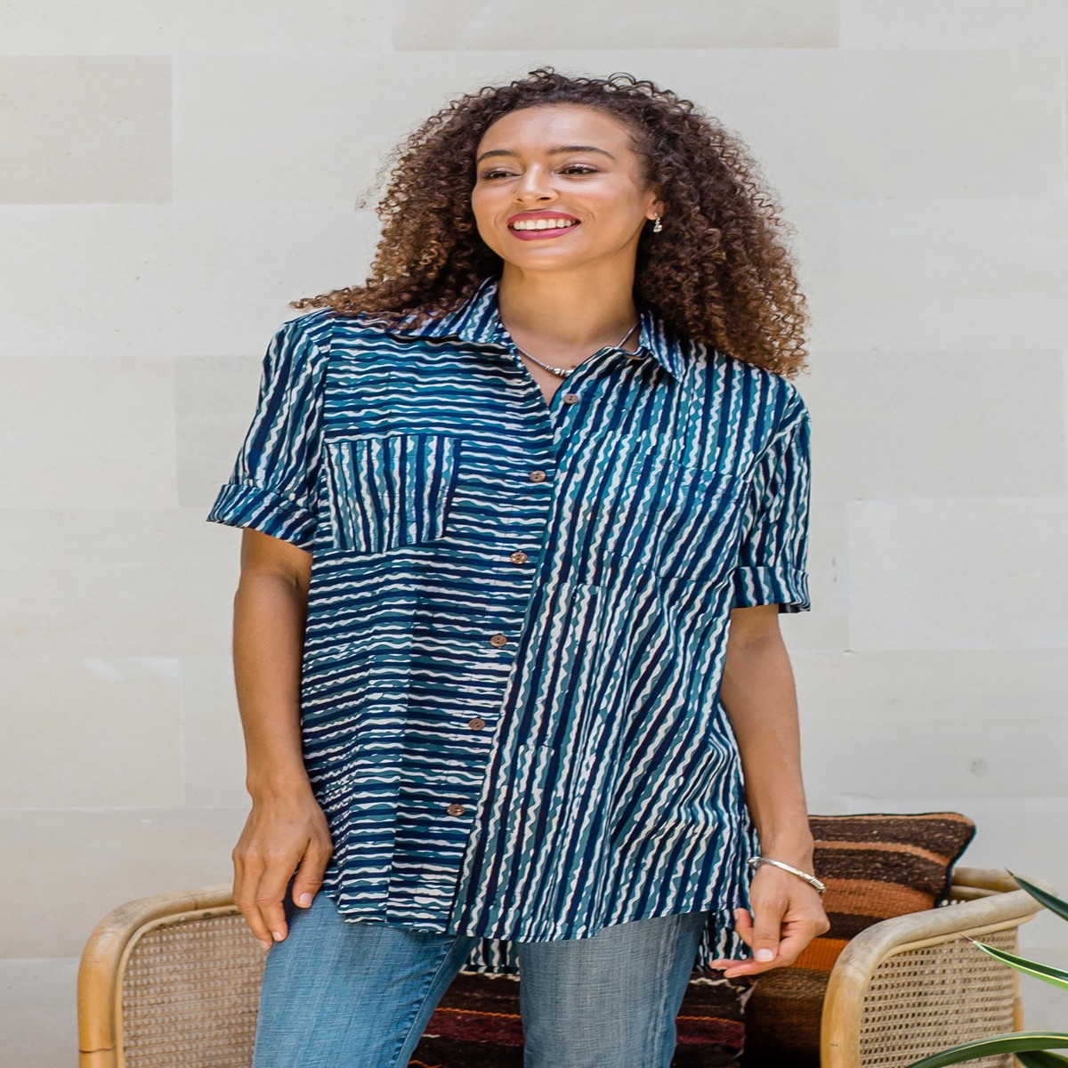 Collared Cotton Batik Shirt from Bali - Ocean Wave - L