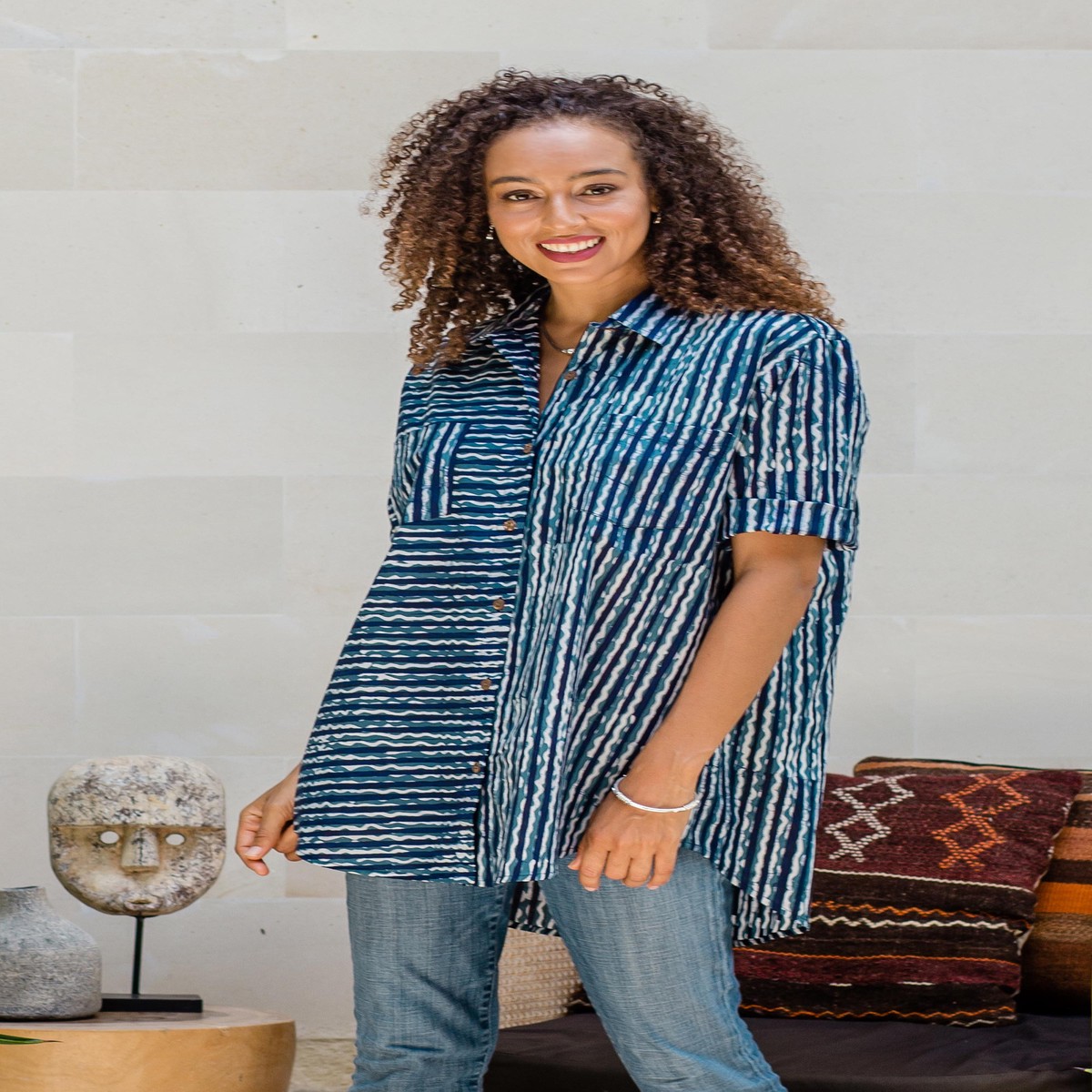 Collared Cotton Batik Shirt from Bali - Ocean Wave - S