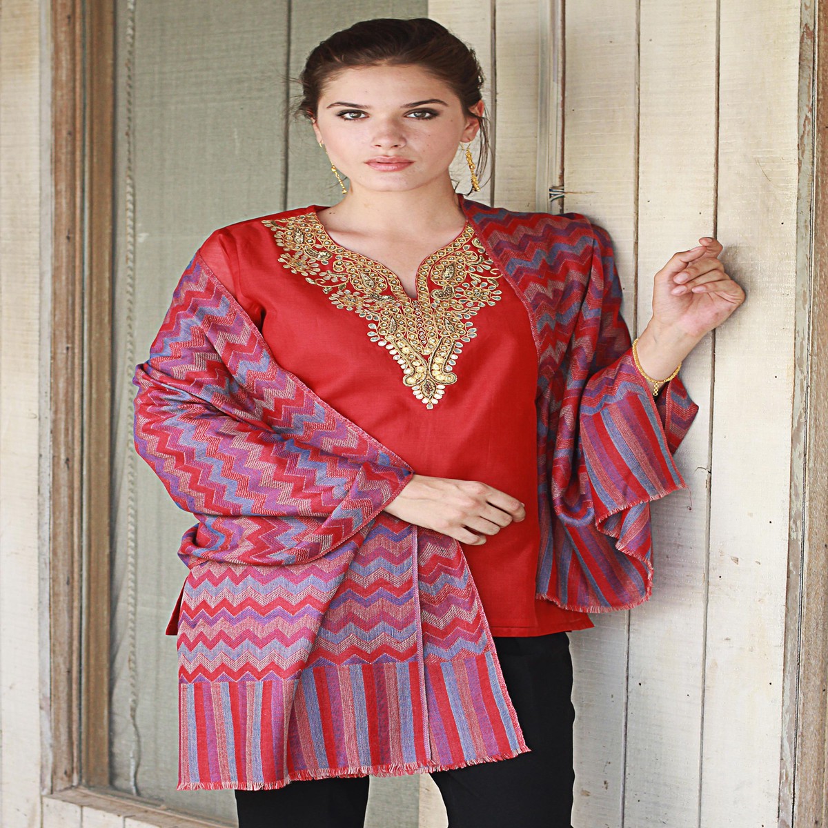 Colorful Zigzag Wool Shawl Handloomed in Indian - Poppy Romance