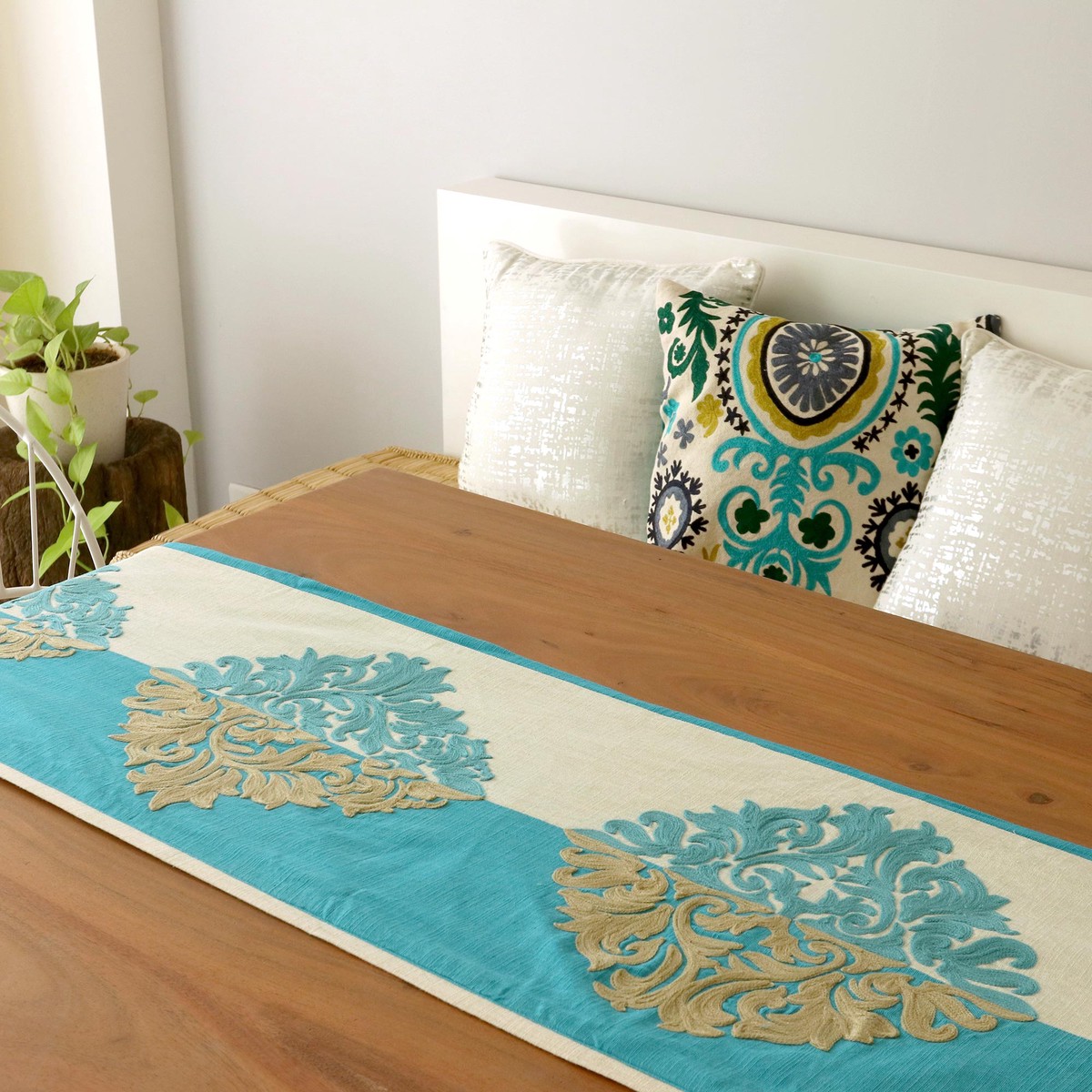 Cotton Blend Turquoise Beige Leaf Embroidered Table Runner - Majestic Fusion