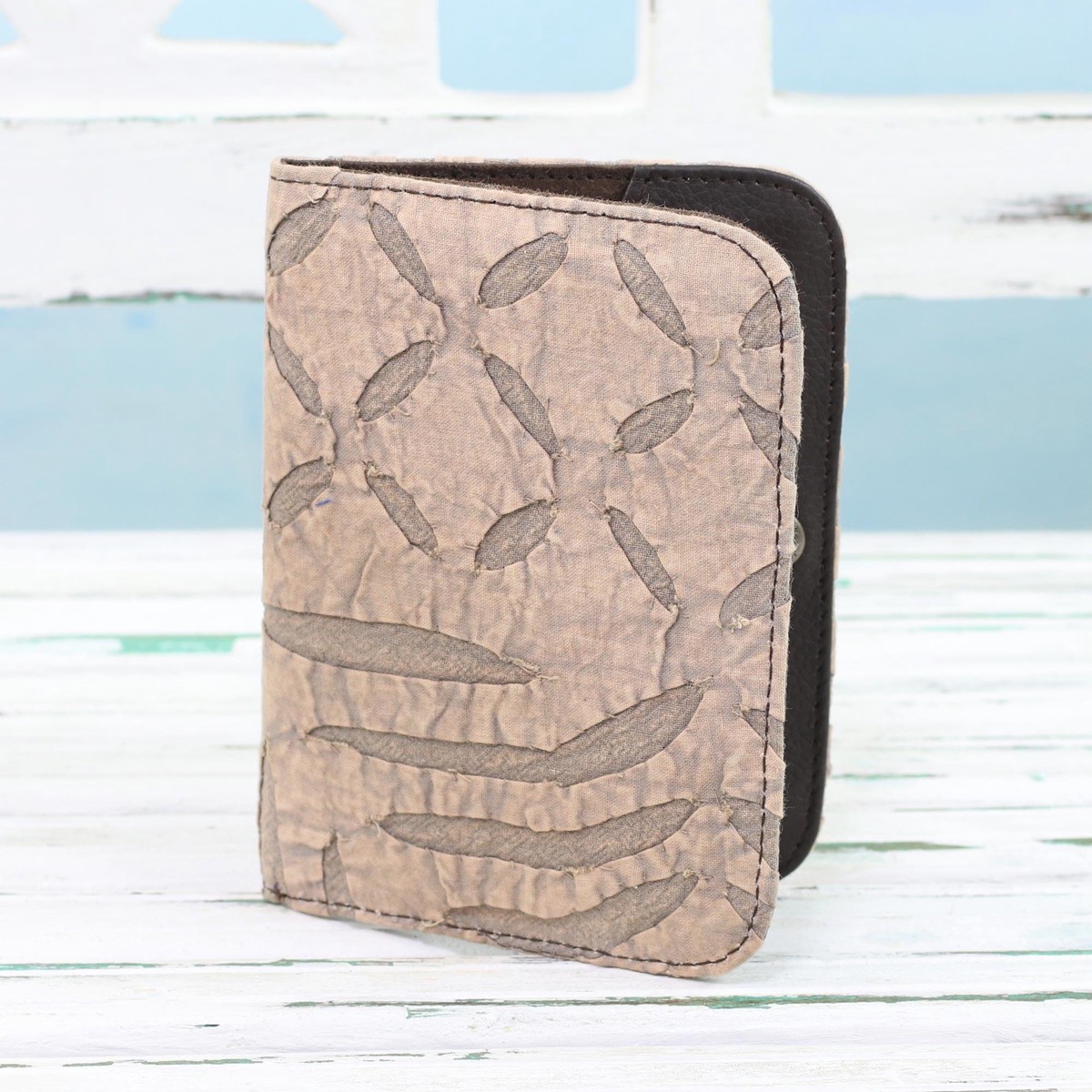 Cotton Appliqu Passport Wallet in Khaki from India - Khaki Delight