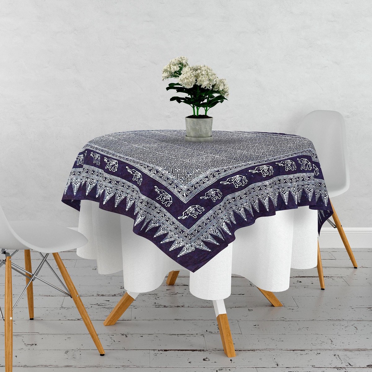Cotton Batik Tablecloth with Elephant Motifs in Blue - Sacred Trunks