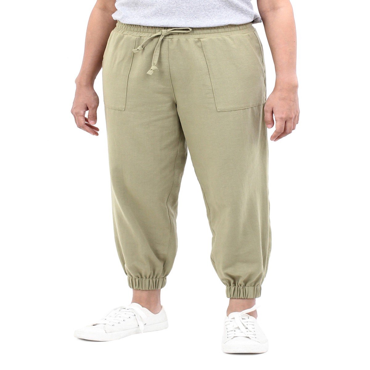 Cotton Twill Jogger Pants with Pockets and Drawstring Waist - Casual in Olive - L (member)