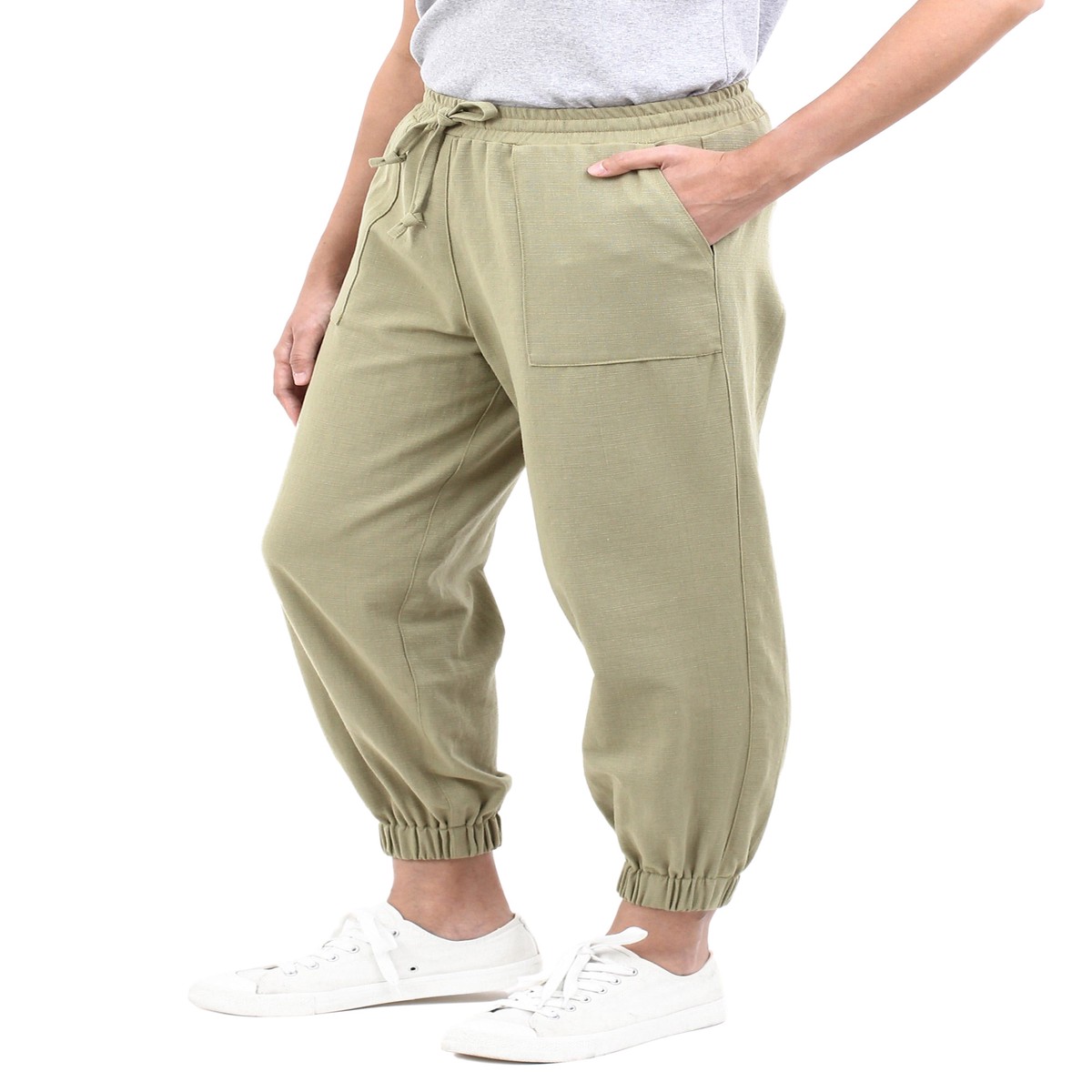 Cotton Twill Jogger Pants with Pockets and Drawstring Waist - Casual in Olive - M (member)