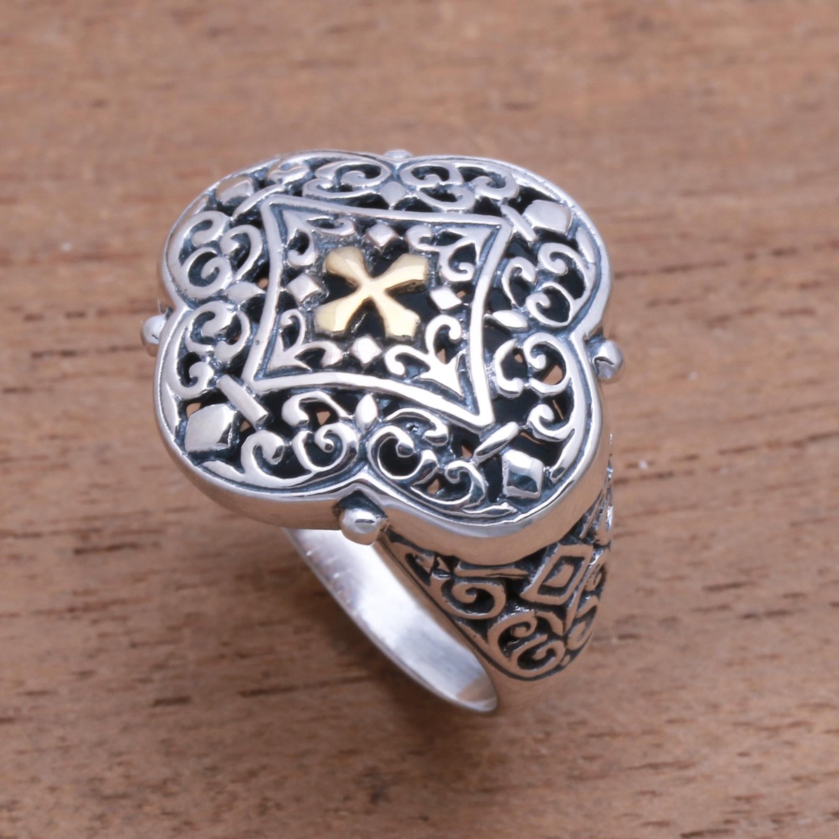 Cross-Themed Gold Accented Sterling Silver Signet Ring – Jagaraga Prince – 5