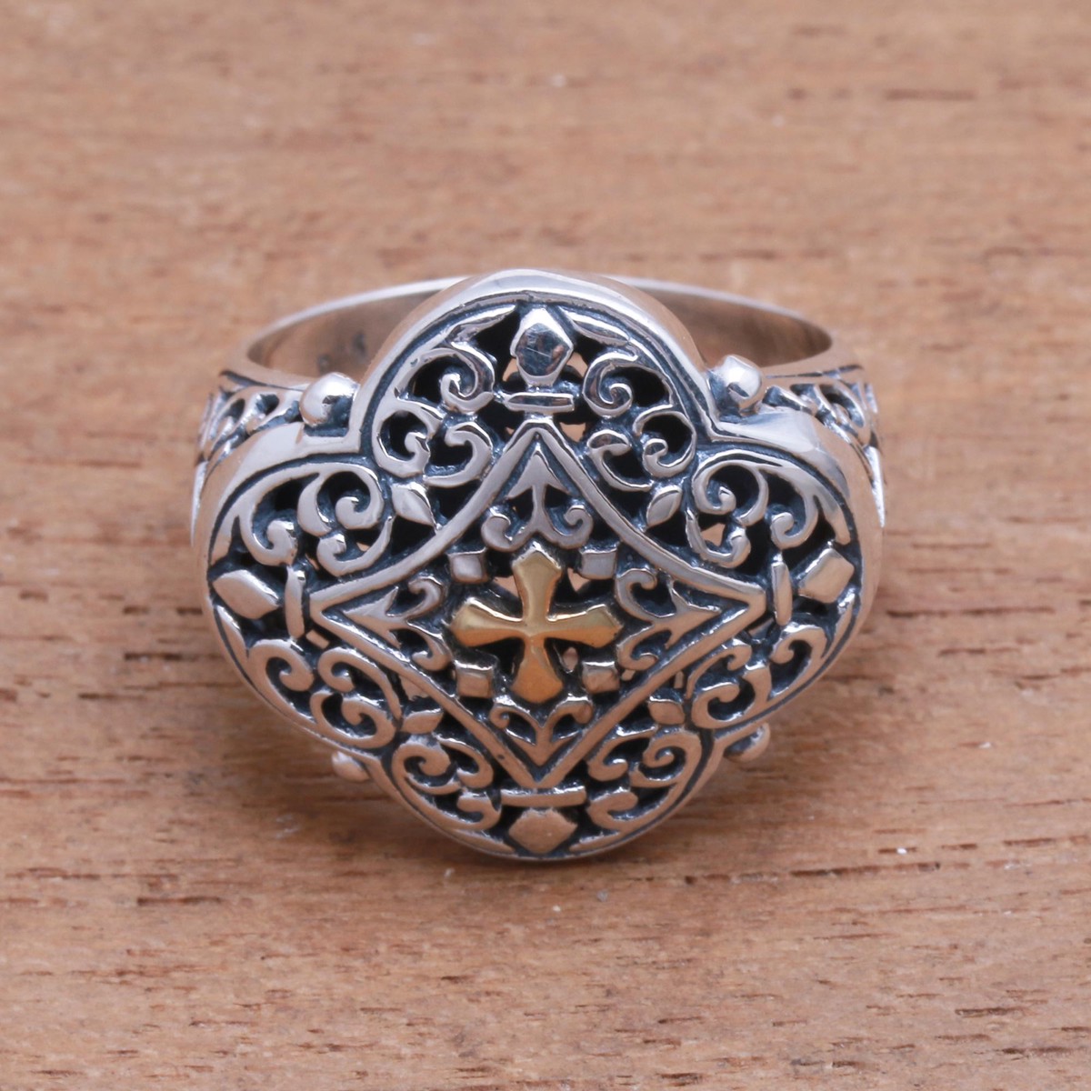 Cross-Themed Gold Accented Sterling Silver Signet Ring – Jagaraga Prince – 6