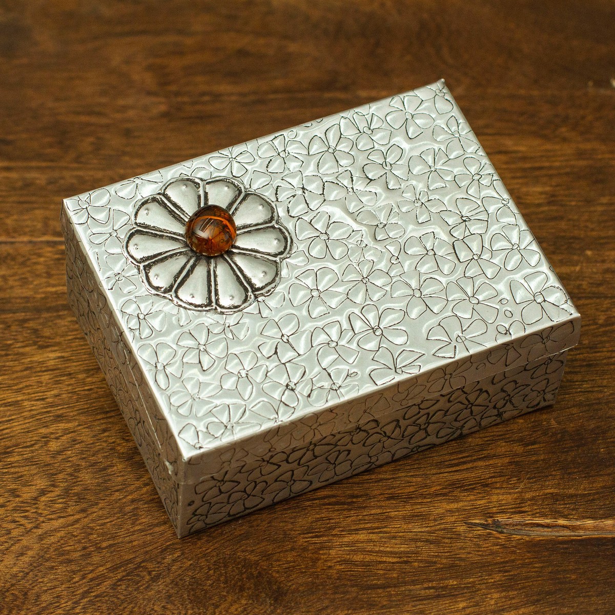 Decorative Aluminum Box with Red Flower Design from Mexico - Glowing Fortune