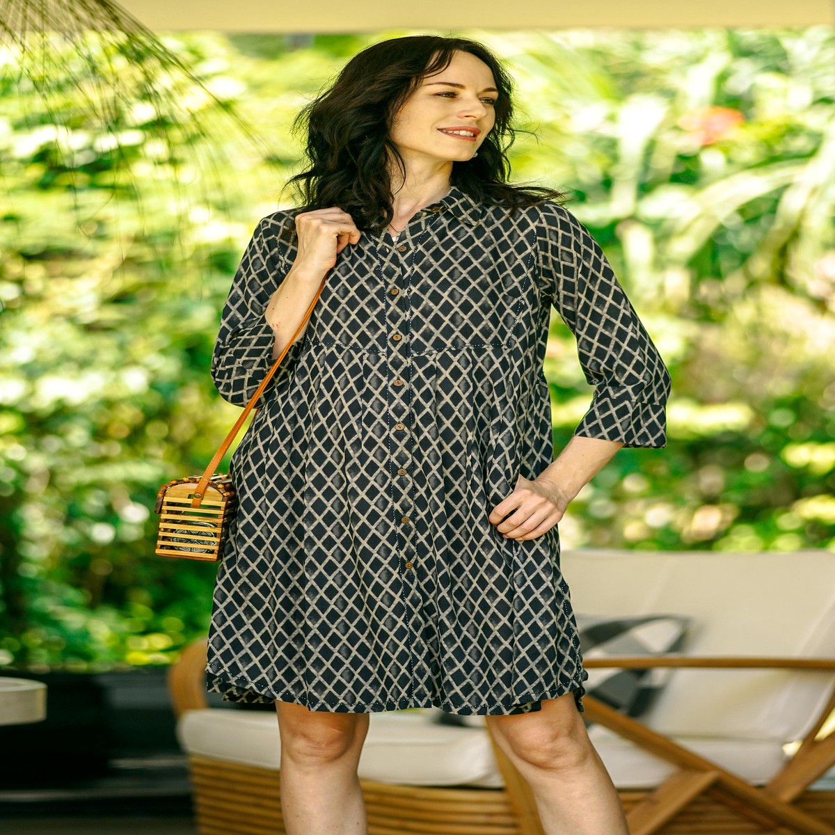 Dark Blue and Grey Beaded Shirtdress – Creative Fusion in Indigo – S