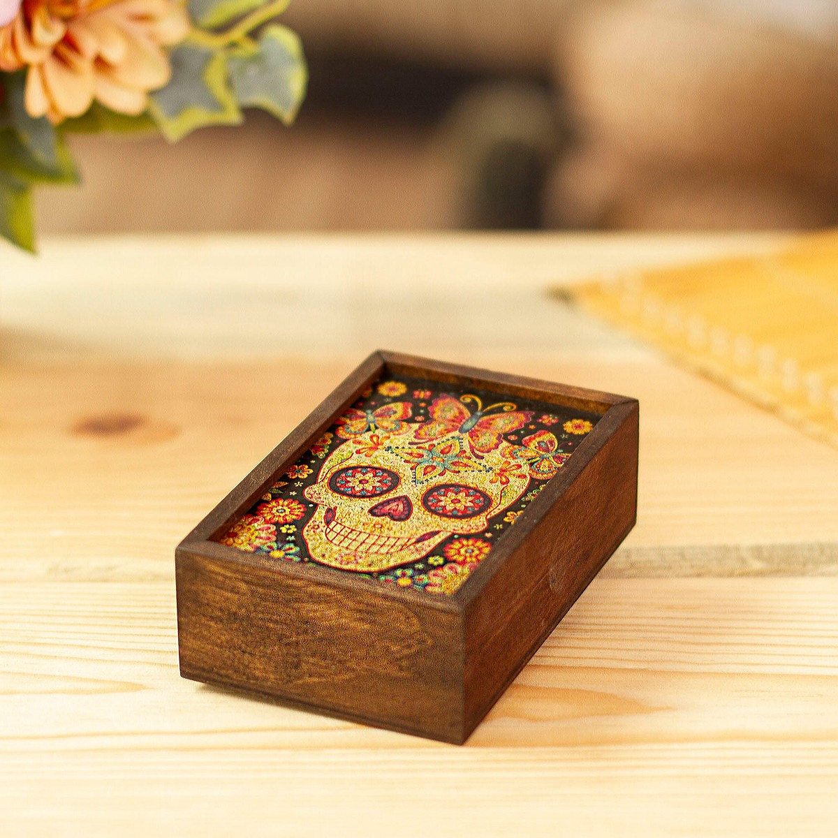 Day of the Dead Mexican Wood Box with Decoupage - Skull of the Beloved