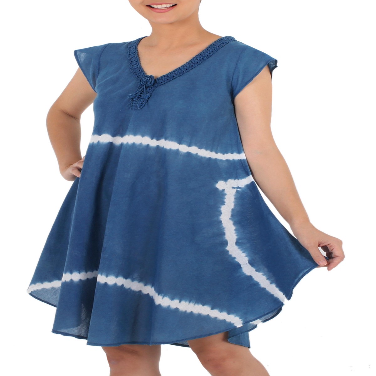 Denim Blue White Stripe Tie-Dye Cap Sleeve Cotton Dress – Sprite – L (member)