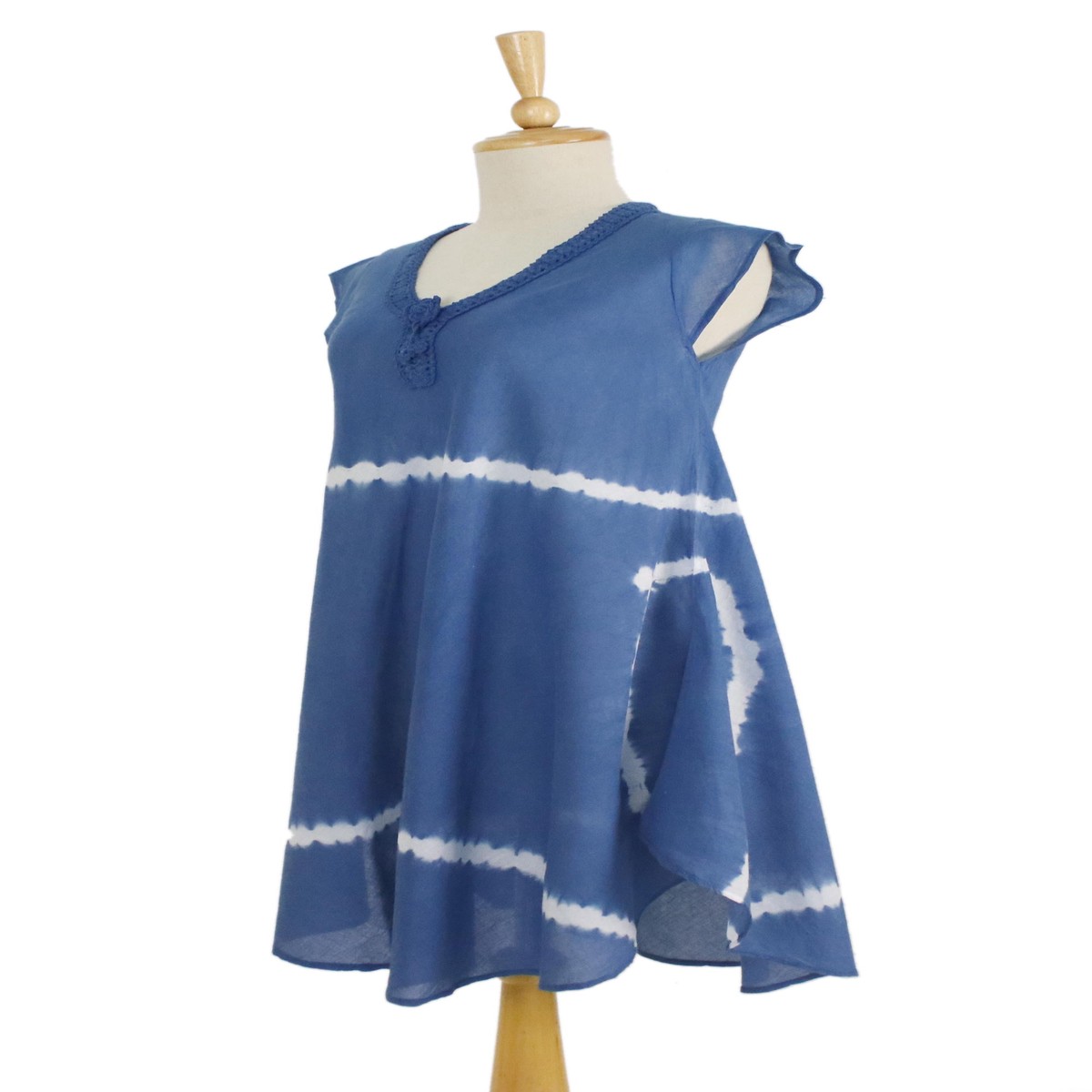 Denim Blue White Stripe Tie-Dye Cap Sleeve Cotton Dress – Sprite – XL (member)
