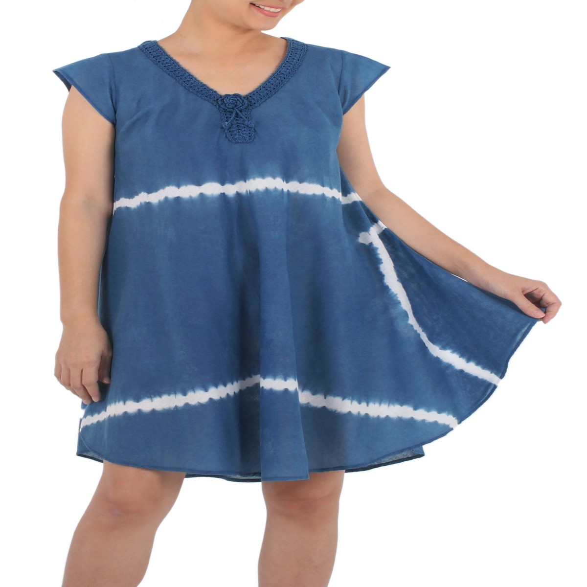Denim Blue White Stripe Tie-Dye Cap Sleeve Cotton Dress – Sprite – M (member)