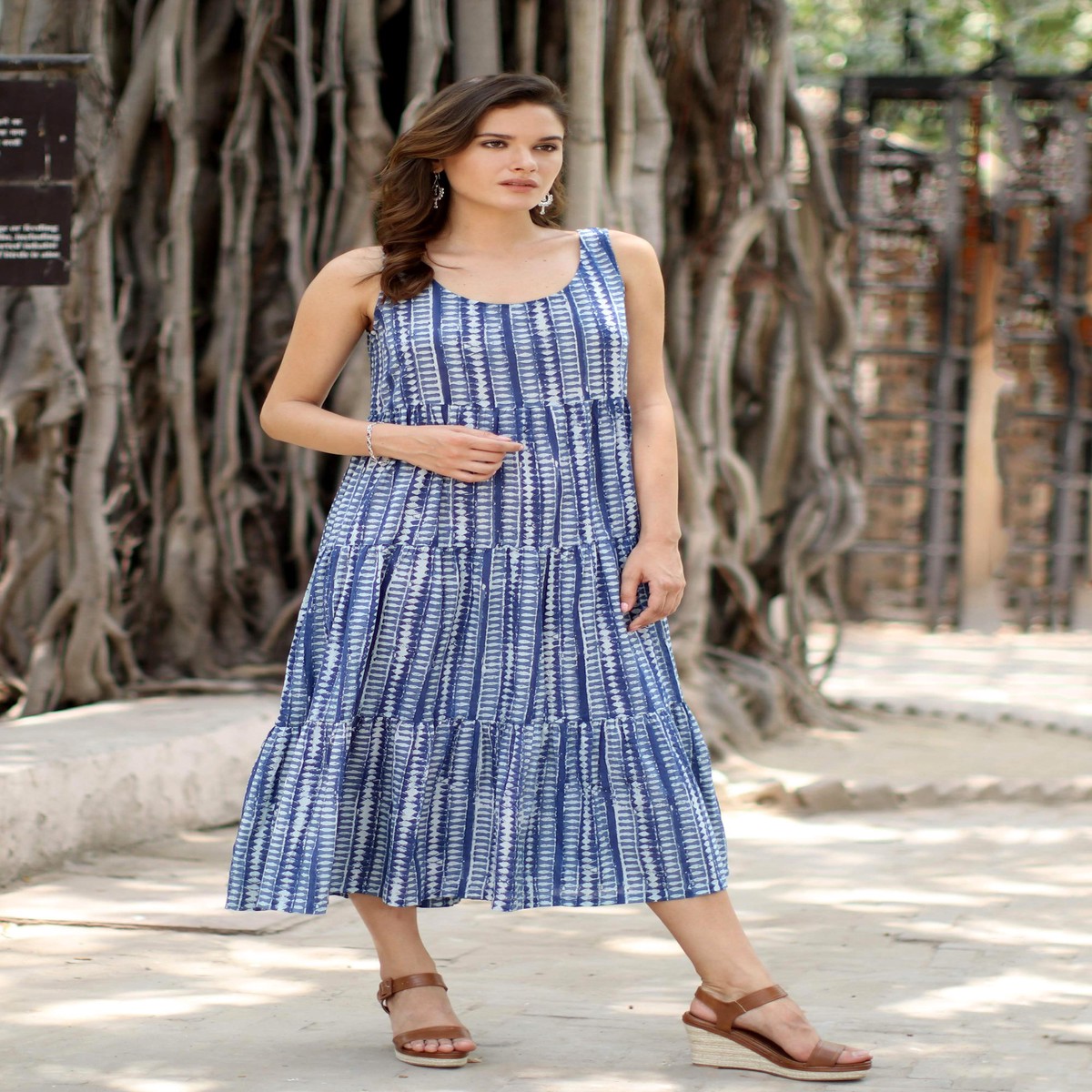 Diamond Motif Printed Cotton Sundress from India – Indian Indigo – L