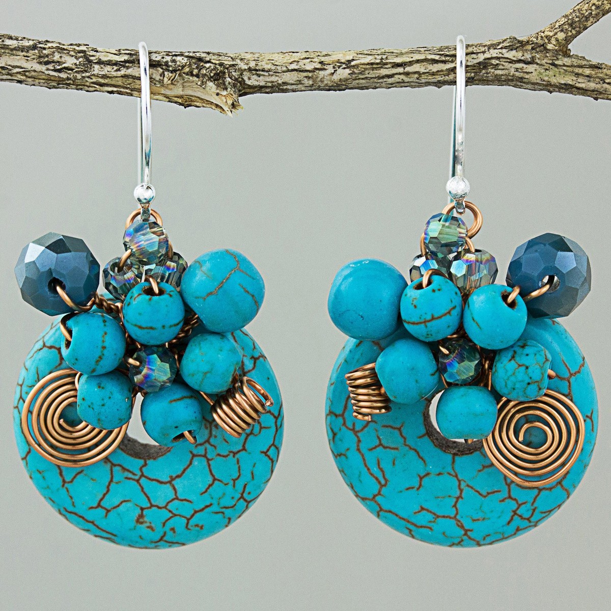 Dyed Calcite Sterling Silver Dangle Earrings from Thailand – Moonlight Garden in Blue