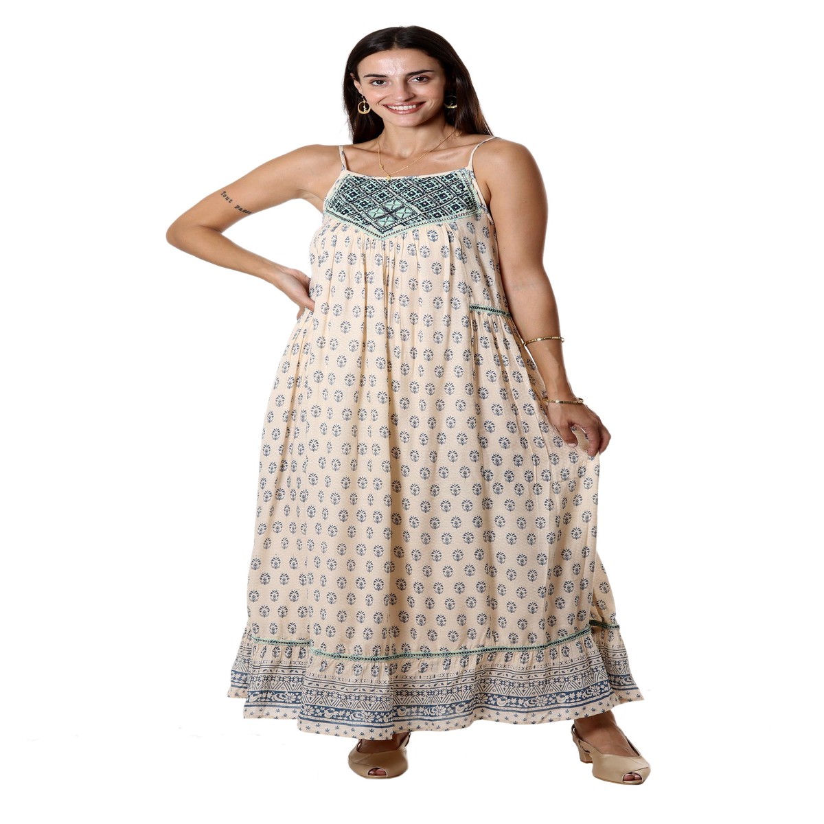Embroidered Viscose Floral Motif Maxi Dress – Corfu Seas – M