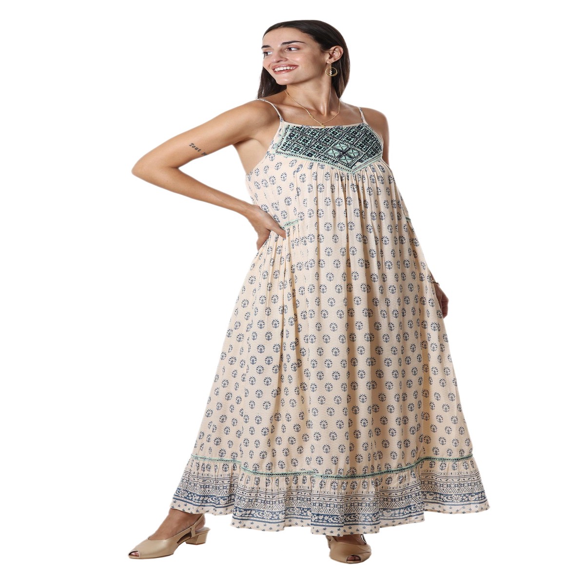 Embroidered Viscose Floral Motif Maxi Dress – Corfu Seas – S