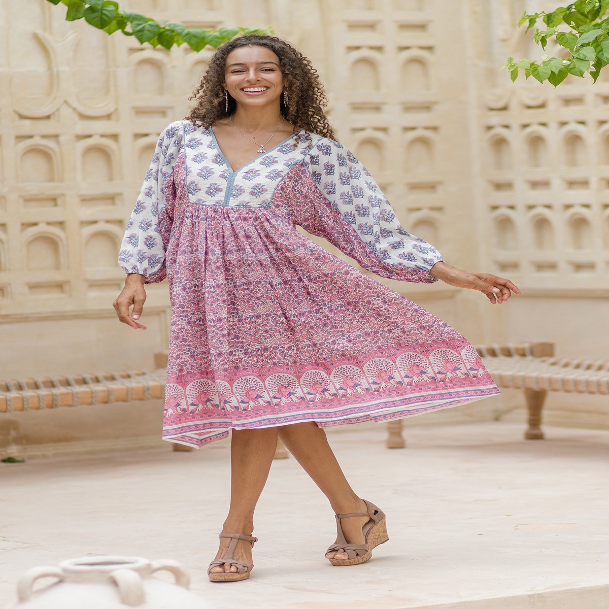 Floral and Peacock-Themed Pink and Blue Cotton Midi Dress – Retro Peacock – L (member)