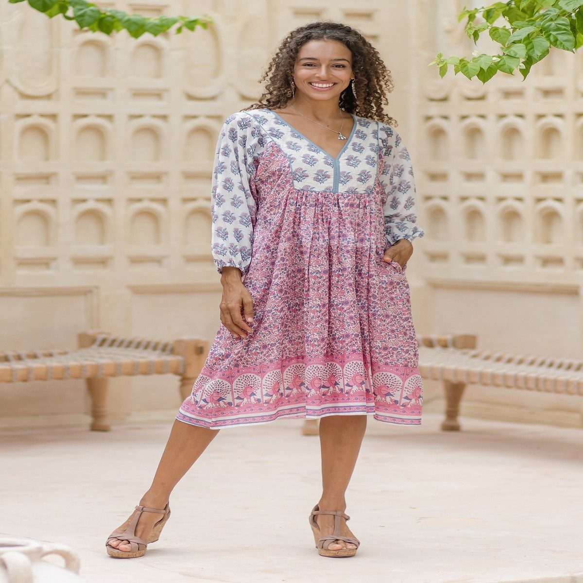 Floral and Peacock-Themed Pink and Blue Cotton Midi Dress – Retro Peacock – S