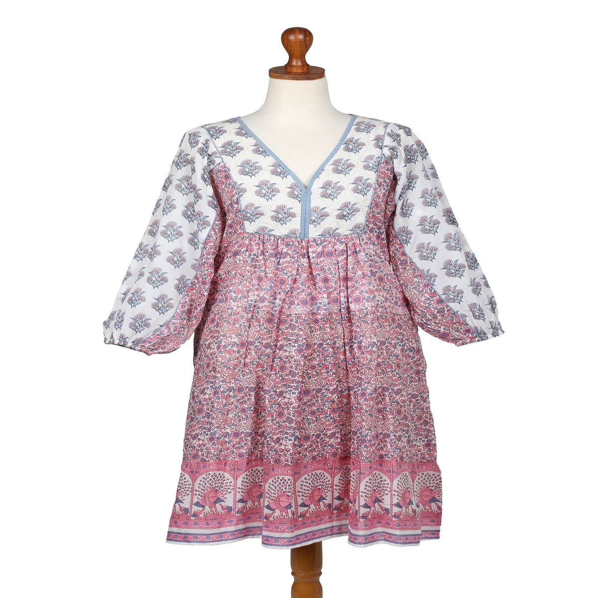 Floral and Peacock-Themed Pink and Blue Cotton Midi Dress – Retro Peacock – XL