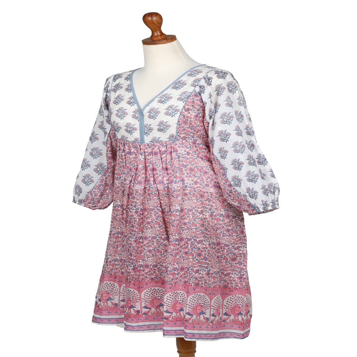 Floral and Peacock-Themed Pink and Blue Cotton Midi Dress – Retro Peacock – XXL (member)