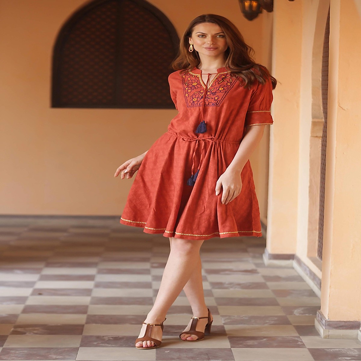 Floral Embroidered Cotton A-Line Dress in Paprika from India – Delhi Spring in Russet – S (member)