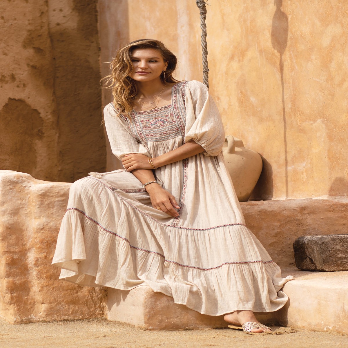 Floral Embroidered Antique Ivory Cotton Maxi A-Line Dress – Bohemian Majesty – XL